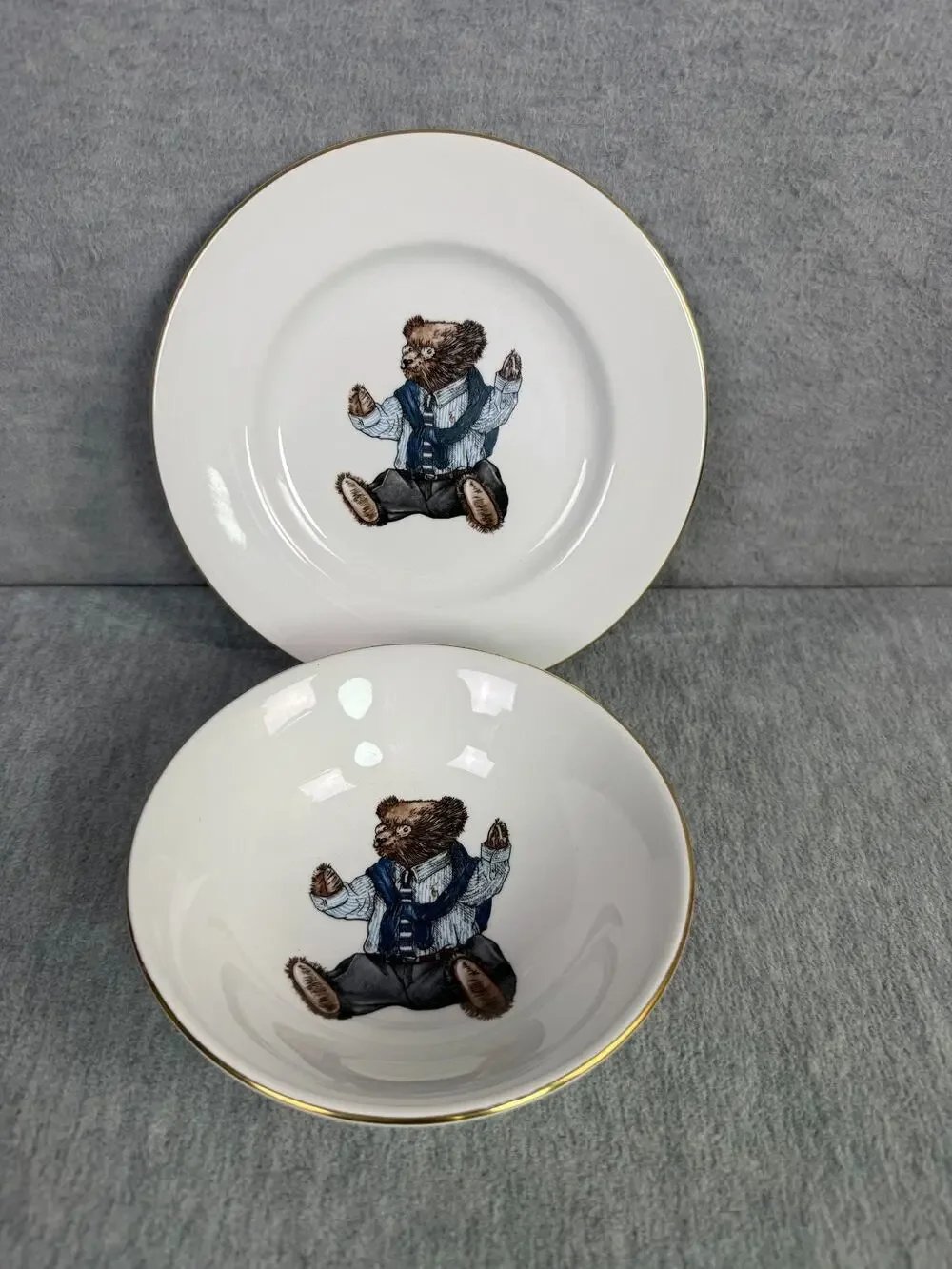 Ralph Lauren Wedgwood Polo Bear Bowl & Salad Plate 1992 Gold Rims